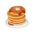 Fresh tasty hot pancakes with sweet maple syrup. Cartoon icon