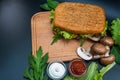 Fresh and tasty Italian panini, sandwich with ham and vegetables, sauce, salad, mushrooms, tomato and cucumber, on wooden spacing Royalty Free Stock Photo