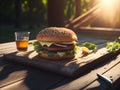 burger on wooden table. Generative AI