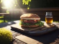 burger on wooden table. Generative AI