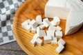 Fresh and tasty mexican panela cheese on wood background