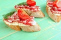 Fresh tasty salami sandwiches. Appetizing sandwiches with smoked Royalty Free Stock Photo