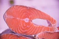 Fresh tasty salmon steaks close up ready for sale