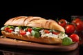 fresh tasty sandwich Baguette sandwich Fresh ham sandwich with lettuce, slices of fresh tomatoes Royalty Free Stock Photo