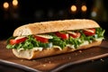 fresh tasty sandwich Baguette sandwich Fresh ham sandwich with lettuce, slices of fresh tomatoes Royalty Free Stock Photo