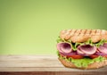 Fresh tasty sandwich with ham, close-up view Royalty Free Stock Photo