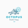 Fresh and Tasty Seafood Abstract Vector Sign, Symbol or Logo Template. Hand Drawn Octopus with Premium Classic