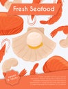 Fresh tasty seafood scallop, tuna steak and shrimp vector hand drawn banner concept with space for text. Royalty Free Stock Photo
