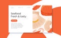 Fresh tasty seafood scallop, tuna steak and shrimp vector hand drawn landing page concept with space for text. Royalty Free Stock Photo