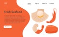 Fresh tasty seafood scallop, tuna steak and shrimp vector hand drawn landing page concept with space for text. Royalty Free Stock Photo