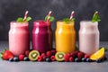 fresh tasty smoothies with different fruits Royalty Free Stock Photo