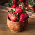 Fresh Tasty Strawberries in Wooden Bowl Wooden Rustic Background Square Royalty Free Stock Photo