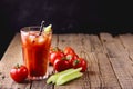 Fresh Tasty Tomato Celery Juice in Glass Fresh Tomatoes and Green Celery on Old Wooden Background Healthy Detox Drink Copy Space Royalty Free Stock Photo