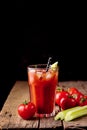 Fresh Tasty Tomato Celery Juice in Glass Fresh Tomatoes and Green Celery on Old Wooden Background Healthy Detox Drink Dark Photo Royalty Free Stock Photo