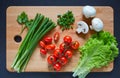 Fresh and tasty tomatoes, salad, onion, champignon, parsley