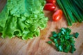 Fresh and tasty tomatoes, salad, onion on cutting board