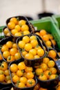 Fresh tasty yellow cherry tomatoes macro closeup on market Royalty Free Stock Photo