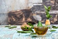 Fresh tea from bay leaf in a cup on a wooden rustic table Royalty Free Stock Photo