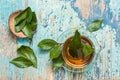 Fresh tea from bay leaf in a cup on a wooden rustic table Royalty Free Stock Photo