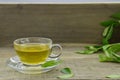 Fresh tea in cup on wooden table