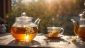 Fresh tea in a glass teapot, chamomile flower healthy alternative