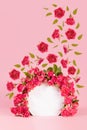 Fresh tiny pink roses as framing of circle arch, podium on pink stage mockup with fly buds, green leaves as flow for presentation.