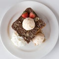 Fresh Toast with chocolate spread on a white plate with icescream