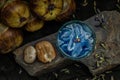 Fresh toddy palm in Blue butterfly pea syrup and shaved ice served in Glass bowl Royalty Free Stock Photo