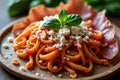 Fresh Tomato Basil Pasta with Smoked Pancetta Royalty Free Stock Photo