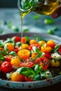 Fresh Tomato Basil Salad with Olive Oil Dressing and Bocconcini on Rustic Ceramic Plate, Healthy Vegan Appetizer