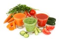 Fresh tomato, carrot and cucumber juice isolated on white. Royalty Free Stock Photo