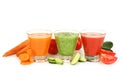 Fresh tomato, carrot and cucumber juice isolated on white. Royalty Free Stock Photo