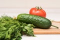 Fresh tomato, cucumber, parsley and dill on the cutting board Royalty Free Stock Photo