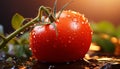 Fresh tomato drop on wet leaf, healthy organic eating generated by AI Royalty Free Stock Photo