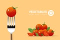 Fresh tomato on fork with pile of tomatoes background , healthy food concept
