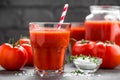 Fresh tomato juice in glass. Vegetable drink