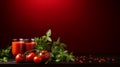 Fresh tomato juice in glass on wooden table against solid red background, ideal for text placement