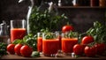 Fresh tomato juice a glass, basil on kitchen healthy delicious