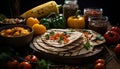 Fresh tomato, meat, bread, wood, cilantro, grilled beef, guacamole generated by AI