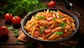 Fresh tomato pasta on wooden plate, a gourmet Italian meal generated by AI