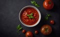 Fresh tomato sauce and organic tomatoes on dark background