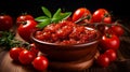 Fresh tomato sauce and ripe cherry tomatoes in a rustic bowl on wooden table, close up shot