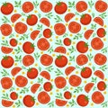 Seamless Tomato Pattern â Whole Tomatoes, Slices, Herbs and Flowers on Light Blue Background Royalty Free Stock Photo