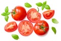 fresh tomato slices with garlic and basil leaves isolated on white background. top view Royalty Free Stock Photo