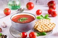 Fresh tomato soup with basil in a bowl and fresh vegetables on the table Royalty Free Stock Photo