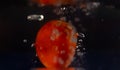 Fresh tomato underwater leaving a splash of bubbles behind it Royalty Free Stock Photo