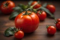 Fresh tomatoe on a wooden background. ai generative