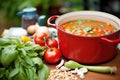 fresh tomatoes, basil, and garlic cloves surrounding a pot of soup Royalty Free Stock Photo