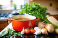 fresh tomatoes, basil, and garlic cloves surrounding a pot of soup Royalty Free Stock Photo