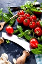 Fresh tomatoes with basil garlic and sea salt on black slate background Royalty Free Stock Photo